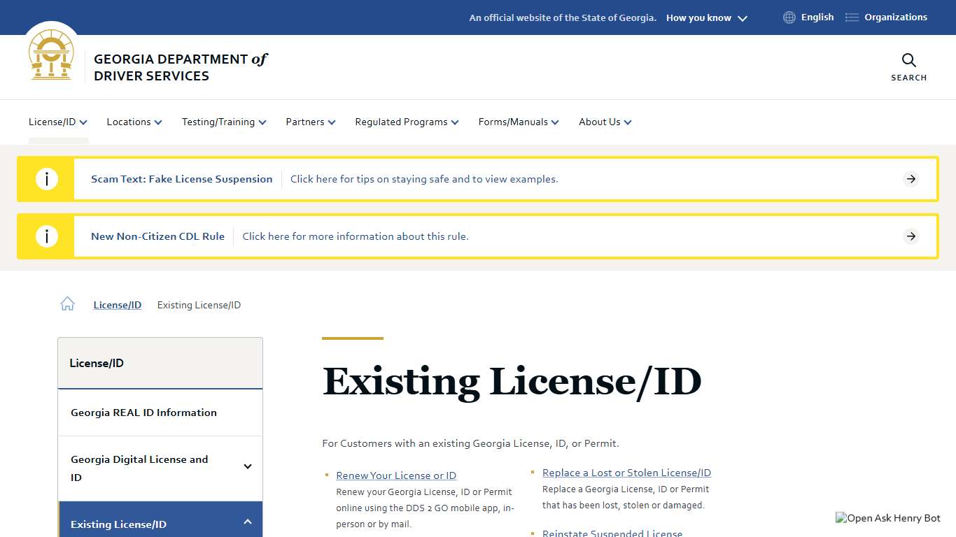 Existing License/ID | Georgia Department of Driver Services